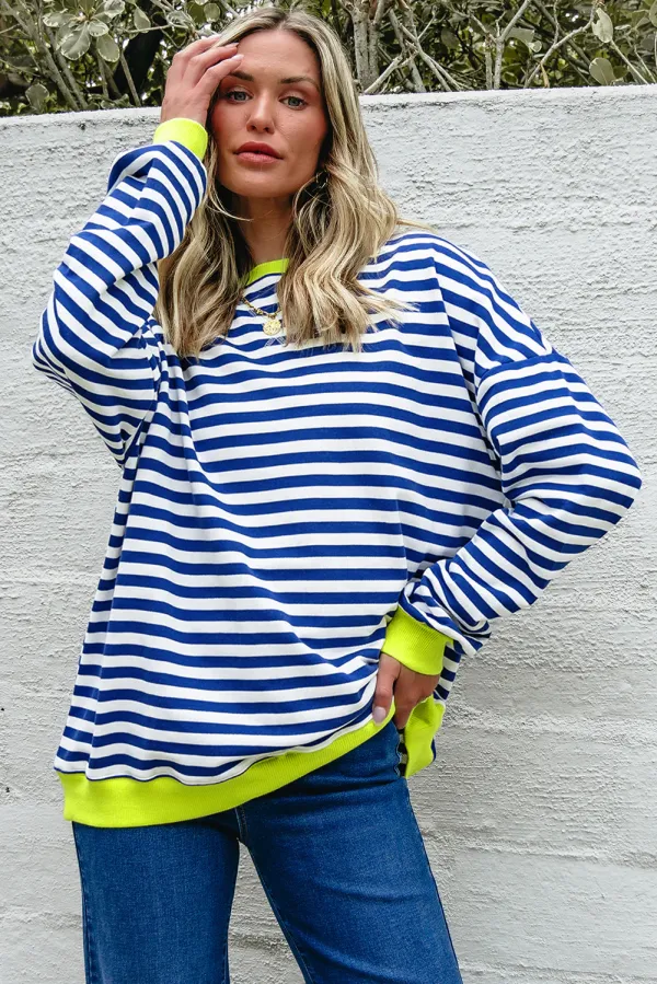 Striped Contrast Ribbed Trim Crossed Stitch Drop Shoulder Sweatshirt - Sky Blue Stripe /