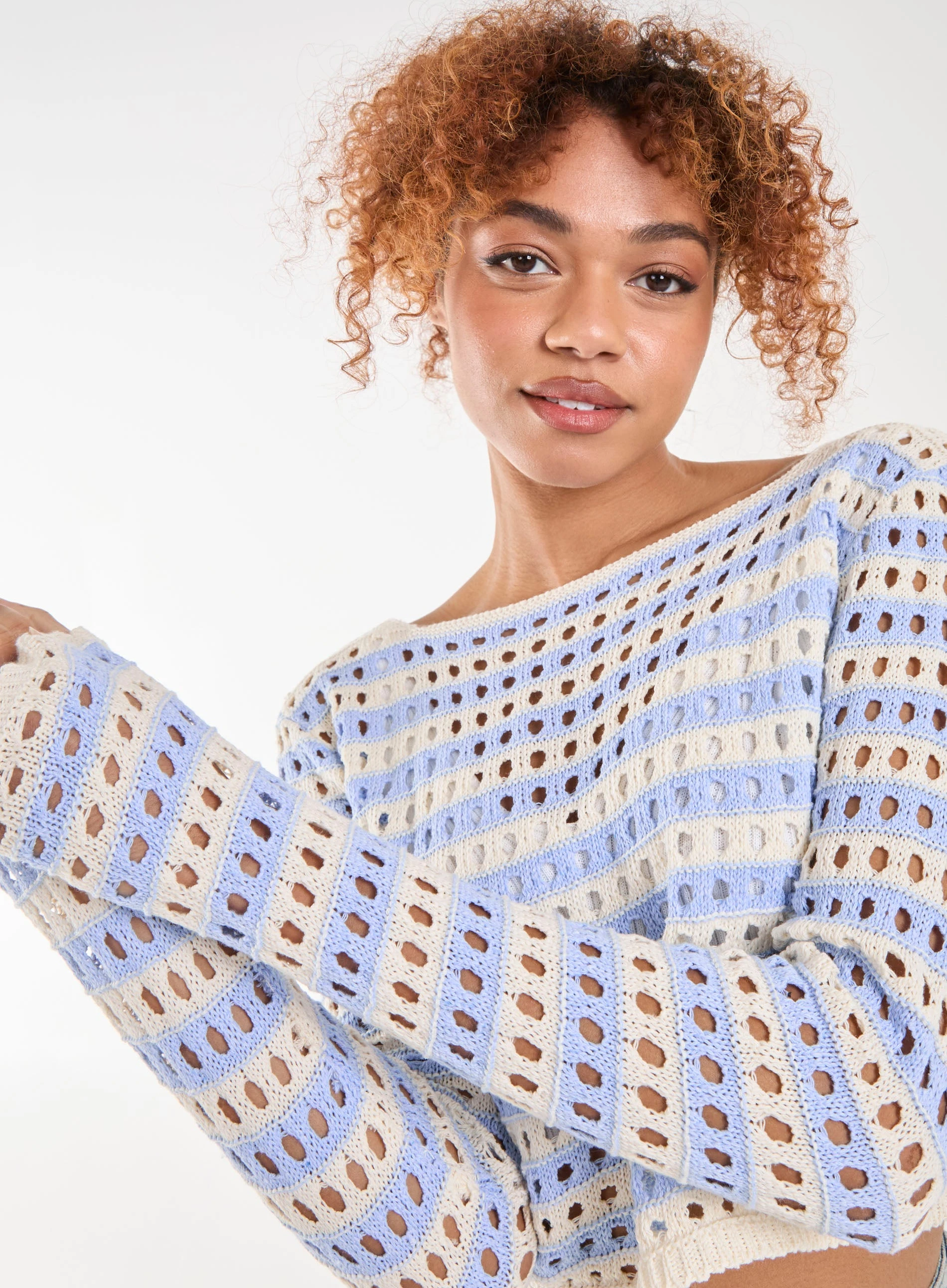 Striped Crochet Jumper  - S  - Light Blue