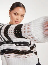 Striped Crochet Long Sleeve Top  - S/M  - BLACK/WHITE