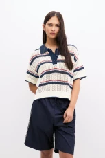 Striped Crochet Polo Shirt - Ecru