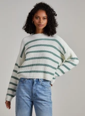 Striped Knitted Funnel Neck Jumper  - M/L  - Ivory/Sage