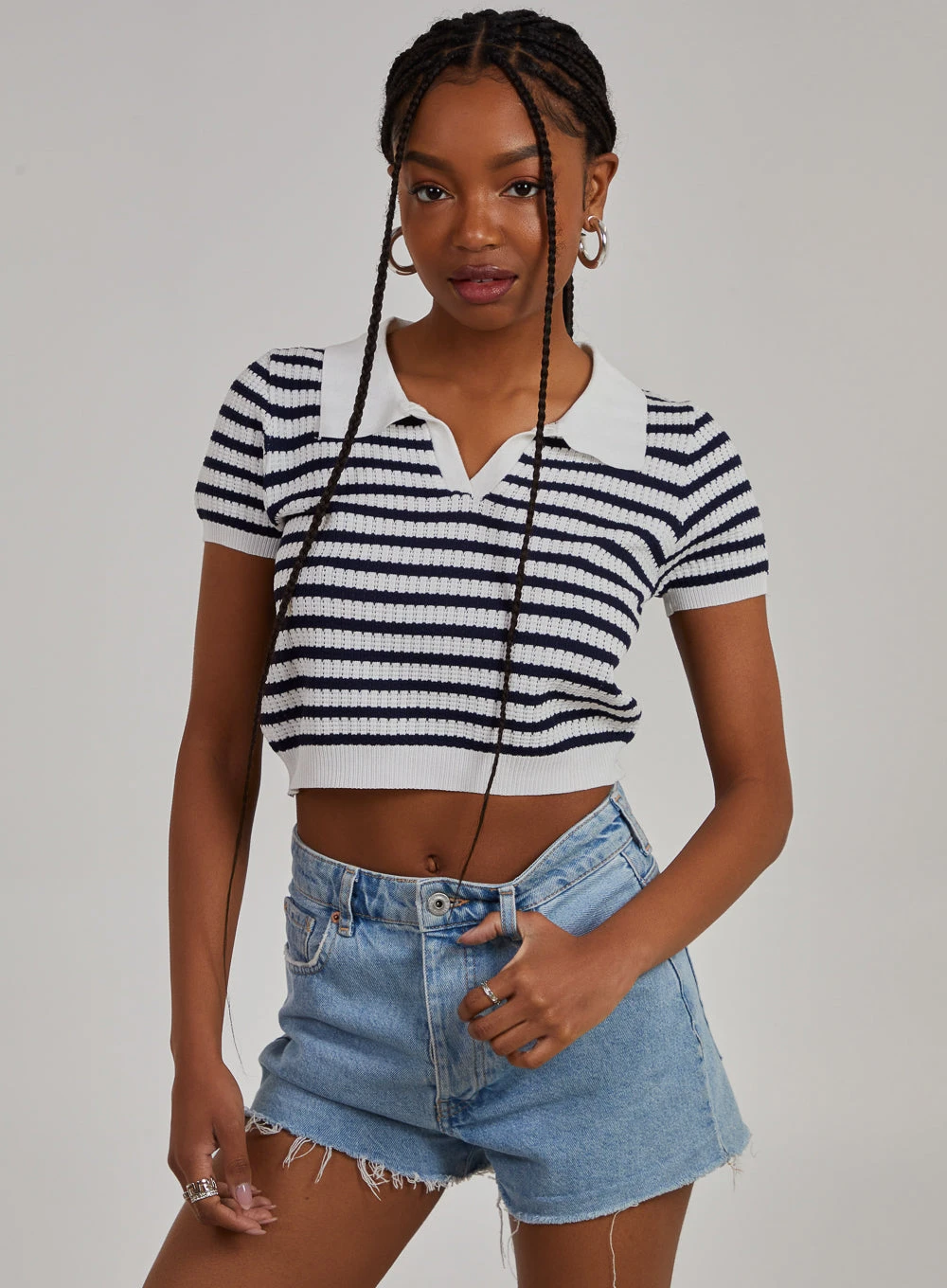 Striped Knitted Textured Polo Top  - L  - Ivory