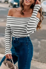 Striped Off houlder Long Sleeve Jumper Top - White