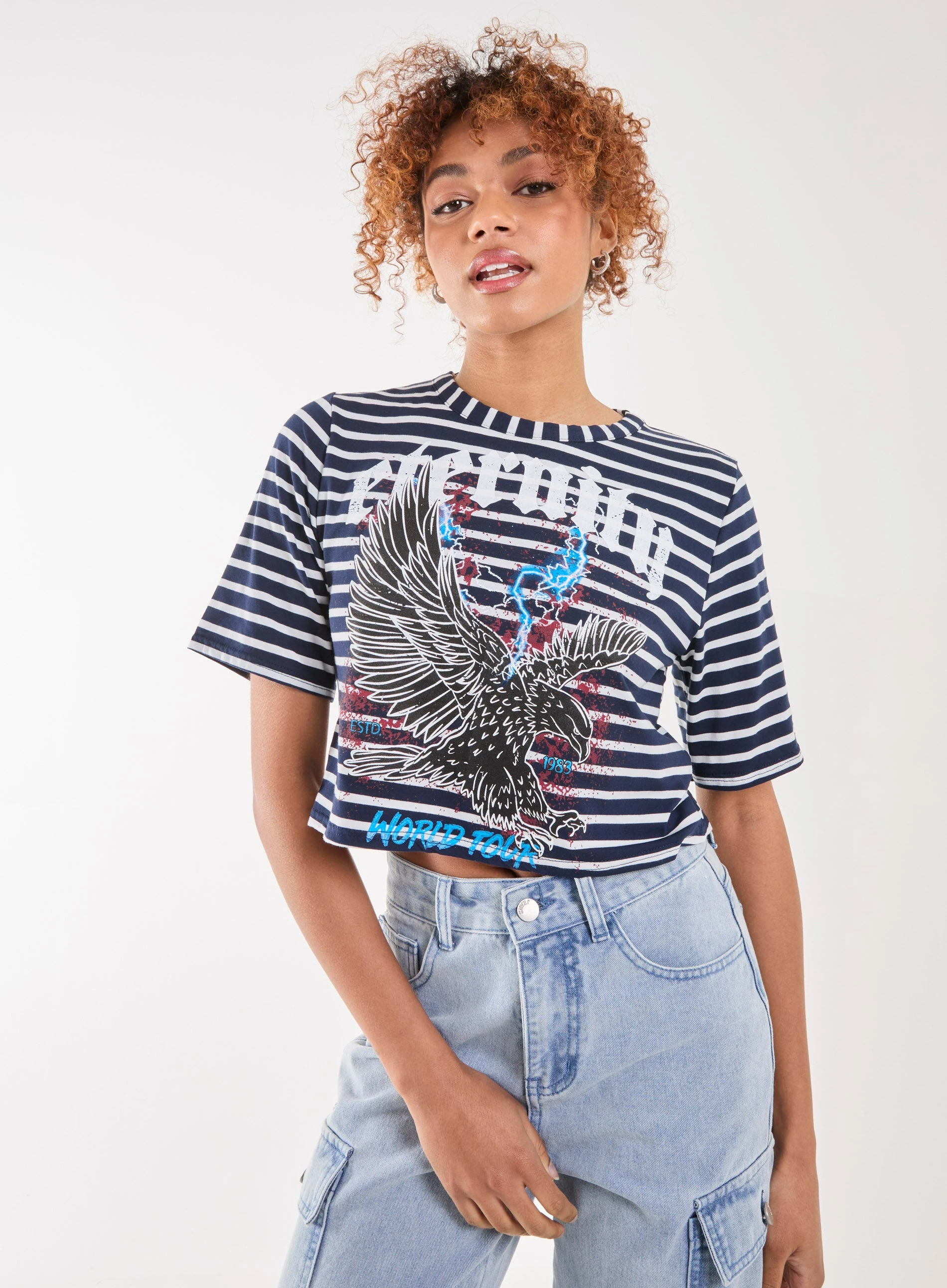 Striped Printed Graphic Tee WHITE