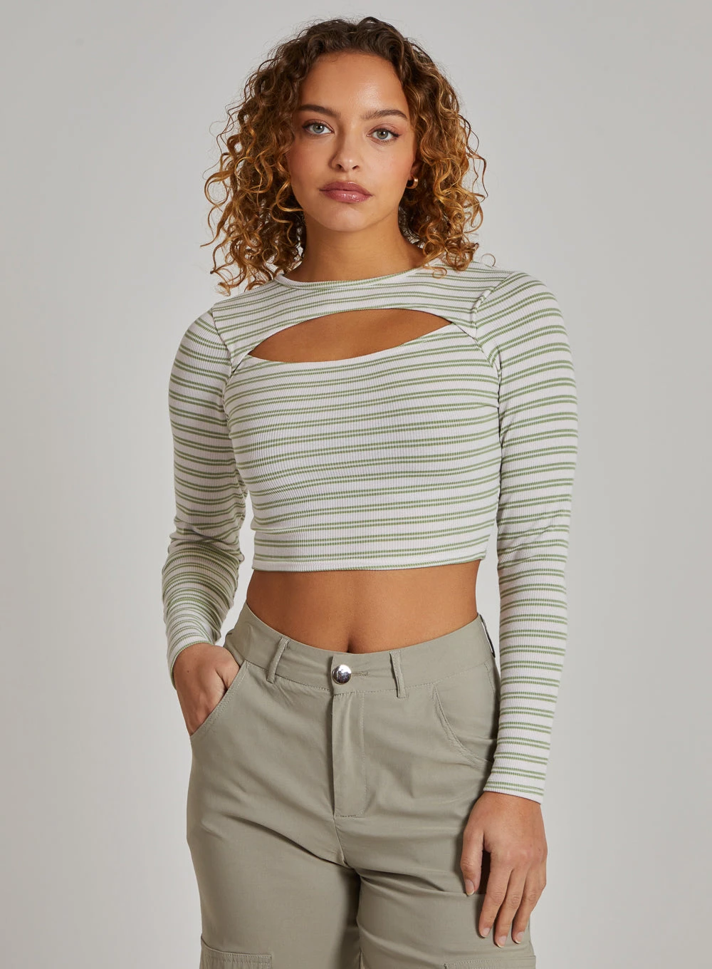 Striped Rib Letterbox Long Sleeve Crop Top  - M  - Sage