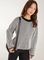 Striped Ribbed Long Sleeve Jumper / BLACK