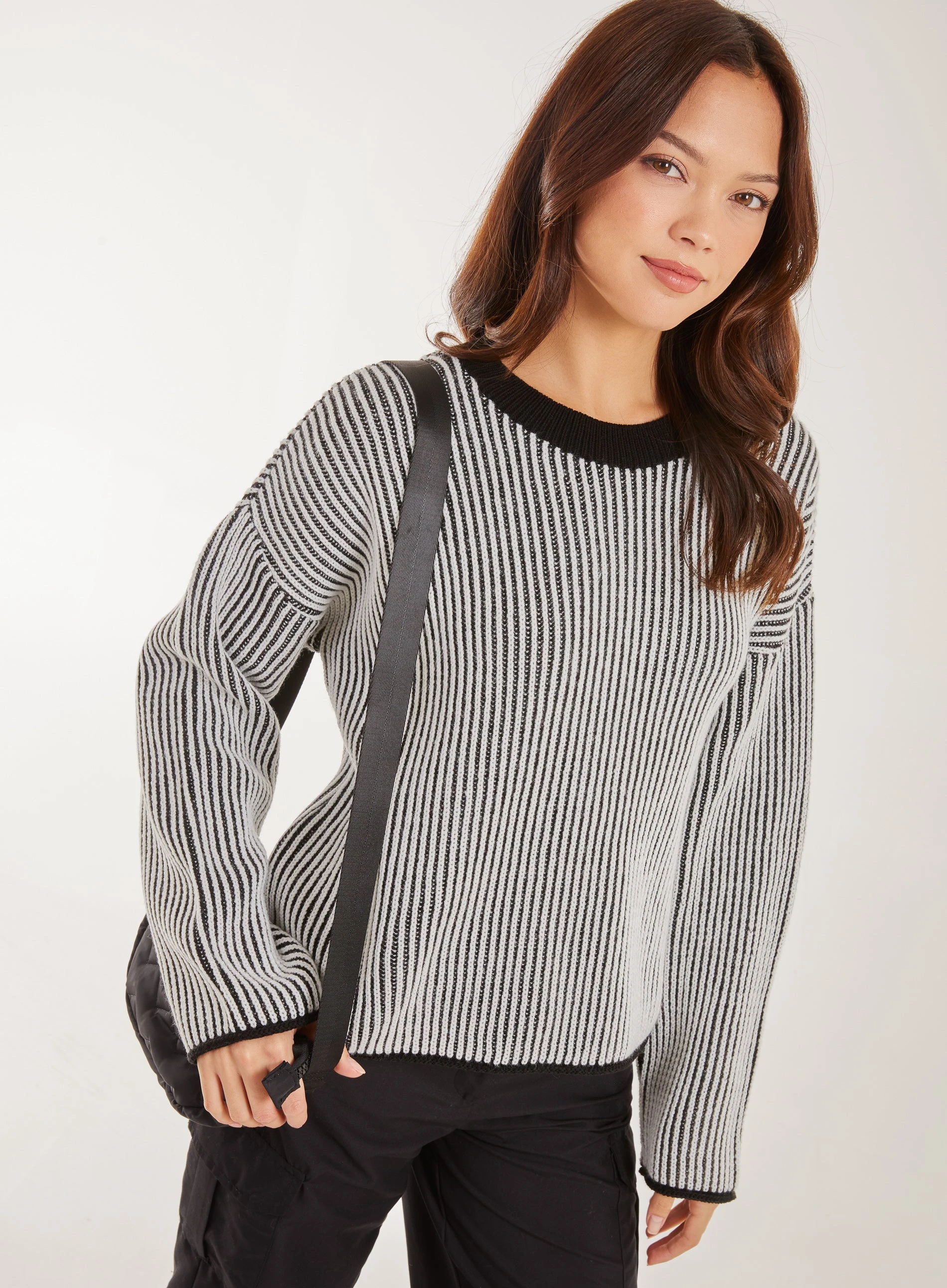 Striped Ribbed Long Sleeve Jumper / BLACK
