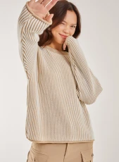 Striped Ribbed Long Sleeve Jumper  - S/M  - STONE