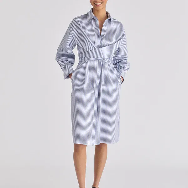 Striped shirt dress with waist tie