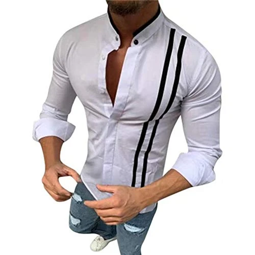 Striped Shirt Men - Fashion Casual Basic T-Shirts Long Sleeve Stand Collar Blouse with Buttons Overs