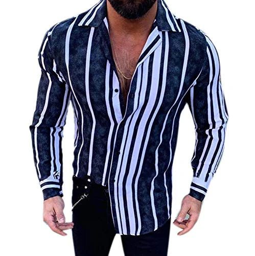 Striped Shirt Men - Fashion Casual Basic T-Shirts Long Sleeve Turn-Down Collar Blouse with Buttons O