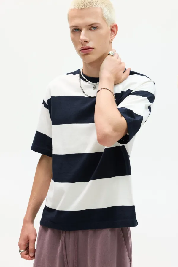 Striped T-Shirt With Number On The Back - Navy