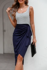 Striped U-Neck Tank & Navy Wrap Skirt Midi Dress - Blue
