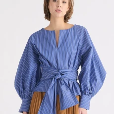 Striped volume sleeve blouse with matching belt