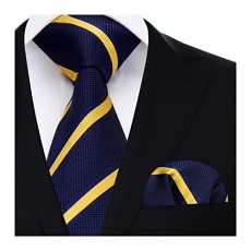 Striped Wedding Tie Handkerchief Men's Necktie & Pocket Square Set (Yellow & Navy)