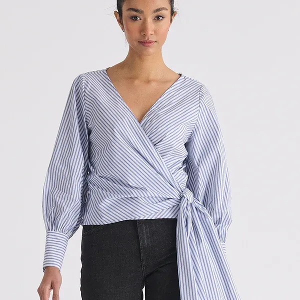 Striped wrap top with waist tie