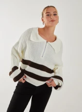 Striped Zip-Up Collar Knitted Jumper  - S/M  - Ivory