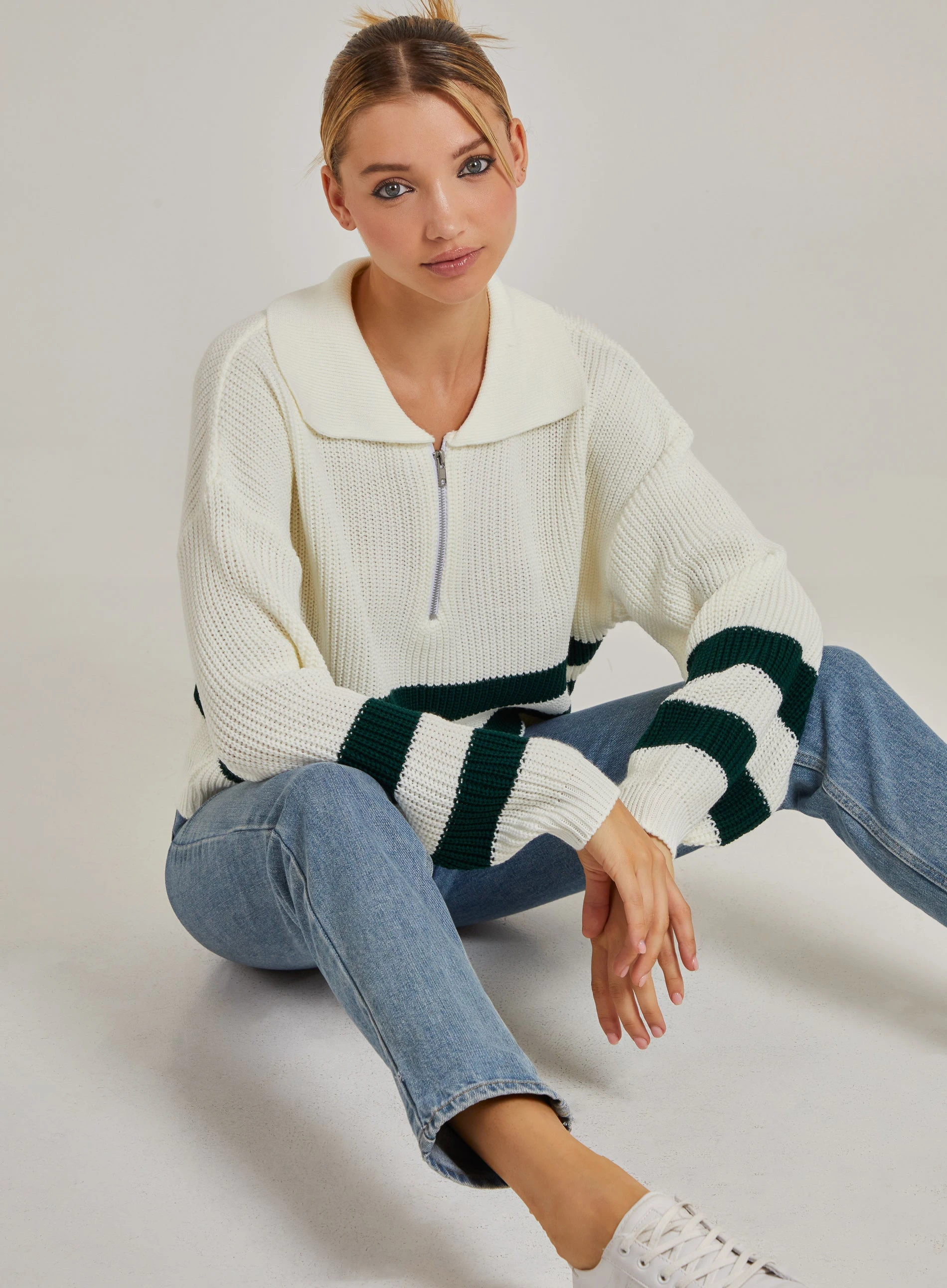 Striped Zip Up Knitted Jumper  - M/L  - Ivory