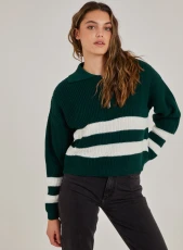 Striped Zip Up Knitted Jumper  - S/M  - Bottle Green