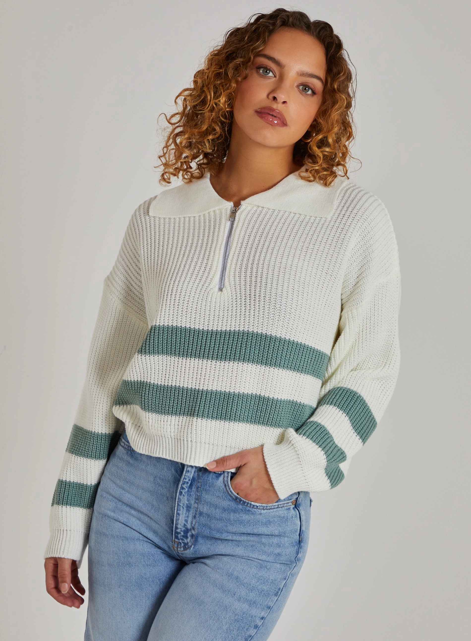 Striped Zip Up Knitted Jumper  - S/M  - Ivory/Sage