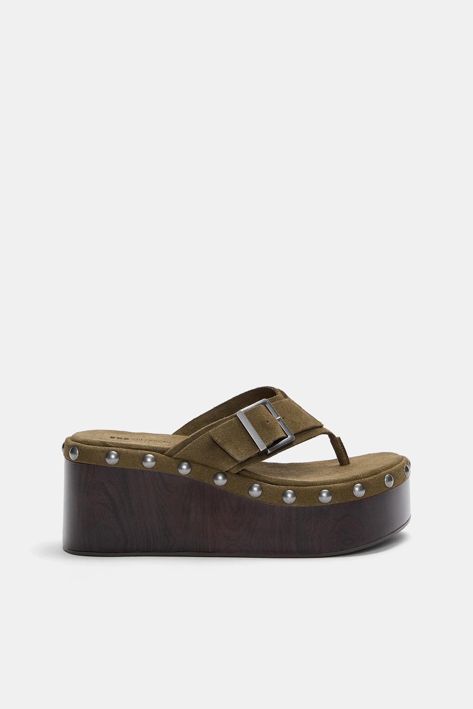 Studded Leather Wedge Sandals - Khaki