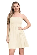 ® Stylish Bandeau Dress - Shirred Strapless Dresses for Women - Boob Tube Sheering Ruched Mini Dress - Perfect Women's Summer Dresses for UK Beachwear Cream