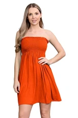 ® Stylish Bandeau Dress - Shirred Strapless Dresses for Women - Boob Tube Sheering Ruched Mini Dress - Perfect Women's Summer Dresses for UK Beachwear Orange