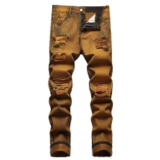 Stylish digital print jeans in vintage style with rips, straight tube, colour contrast, slim stretch denim stretch, bronze, M Stylish digital print jeans in vintage style with rips, straight tube, colour contrast, slim stretch denim stretch, bronze, M