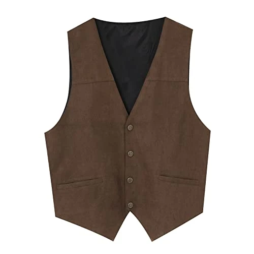 Suede Vest Mens, Mens Leather Waistcoat Vintage V-Neck Solid Color Waistcoat Suede Leather Gilet Smart Casual Cowboy Waistcoat Sleeveless Jacket Men'S Suede Leather Vests Slim Fit Wedding Waistcoats
