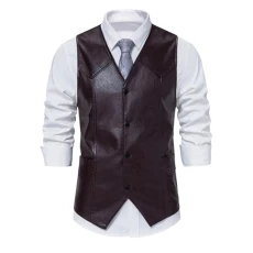 Suit Vest Men's Regular Fit, Traditional Vest for Men, Leather, Jacket Vest, Plain Wedding Vest, Lightweight Leisure Vest, Faux Leather Blazer Vest with V-Neck, Business Vest, Z02Coffee, XXL