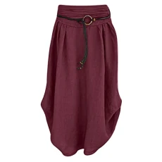 Summe Skirts for Women UK Vintage Casual Cotton Linen Skirt Plain High Waist Elastic Midi Skirts Women's Flowy Mid-Calf Skirt Trendy Loose Elegant Work Holiday Long Skirts with Blet