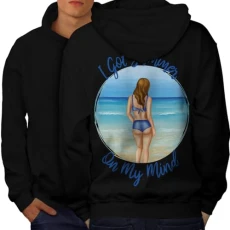 Summer Beach Woman in Bikini Ocean Mens Hoodie Back Black 4XL