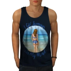 Summer Beach Woman in Bikini Ocean Mens Tank Top Navy L