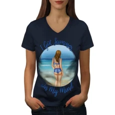 Summer Beach Woman in Bikini Ocean Womens V-Neck T-Shirt Navy XL