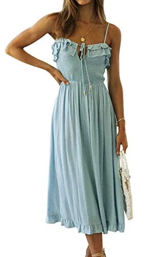 Summer Boho Women's Casual Spaghetti Straps Sleeveless Ruffles Long Dress Backless Tube Smocked Swing Midi Dress(Medium,Blue)