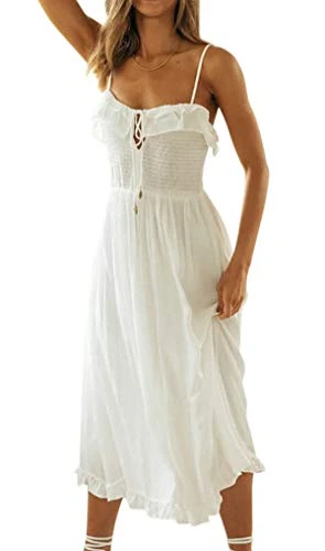 Summer Boho Women's Casual Spaghetti Straps Sleeveless Ruffles Long Dress Backless Tube Smocked Swing Midi Dress(Large,White)