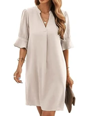 Summer Dress for Women Trendy V Neck Cute Dresses Casual Loose Flowy Mini Dress Beige XXL Summer Dress for Women Trendy V Neck Cute Dresses Casual Loose Flowy Mini Dress Beige XXL