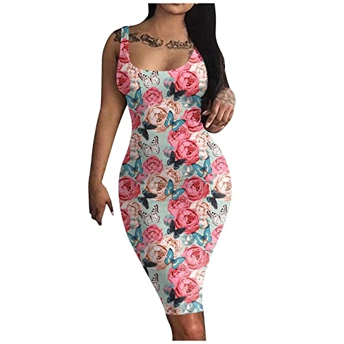 Summer Dress, Formal Dress Women Summer V Neck Spaghetti Dress Casual Midi Tunic Short Sleeveless Bohemian Short Skirt Bodycon Dress,Pink,XXL