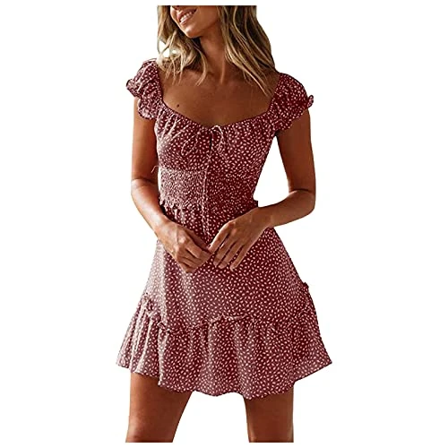 Summer Dress Sleeves Mini Sexy Summer Print Neck Dress Women's Pleated Dress Women's Dress T