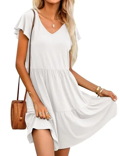 Summer Dress Women's Casual Dresses Plain V-Neck Beach Dress Ruffle Short Sleeve Knee-Length Dress Loose A-line Tiered Dresses with Pocket, White, M