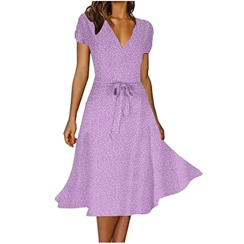 Summer Dress Women's Long V-Neck Beach Dress Casual Chiffon Dresses Loose Short Sleeve Casual Dress Elegant A-line Midi Dress Knee-Length Party Dress Polka Dot Maxi Dress High Waist Boho Dress,