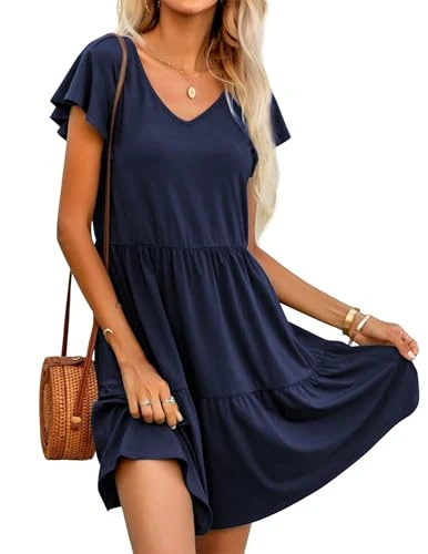 Summer Dress Women's Short Sleeve V Neck Wrap Dresses Knee-Long Casual Solid Color Sundress with Pockets Dark Blue S