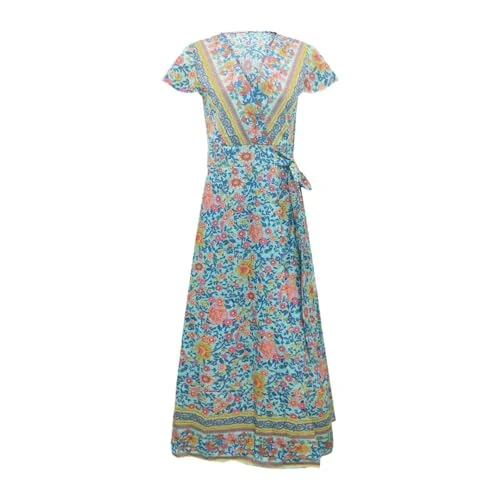 Summer Dresses for Women Casual Floral Wrap Dress for Holiday Traveling Ladies, XL, Blue