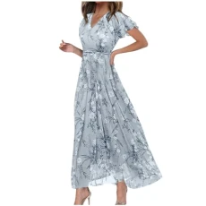 Summer Dresses for Women UK Boho Floral Maxi Dress Casual Short Sleeve V Neck Dresses Elegant Wrap Dresses Party Wedding Guests Dress Flowy Beach Long Dress Sale