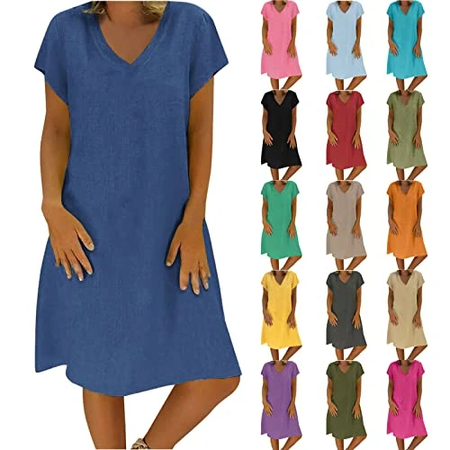 Summer Dresses for Women UK Casual Solid midi Dresses v Neck Linen Dresses Short Sleeve Sundress 202