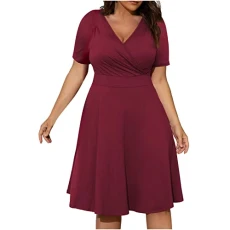 Summer Dresses for Women UK Elegant Wrap Dress Casual Short Sleeve V-Neck Dress Empire Waist Dress Sexy Party Dress Ladies Beach Dresses Plus Size Dress 12-22 Sale