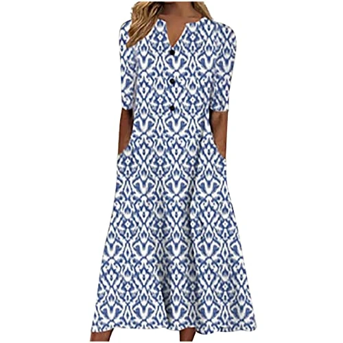 Summer Dresses for Women UK Floral Print Maxi Boho Beach Dress Button V Neck Short Sleeve Tshirt Dre