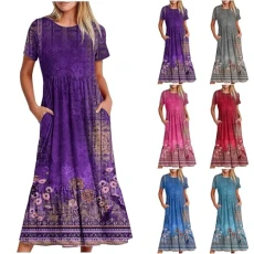 Summer Dresses for Women UK Ladies Sequins Color Print Maxi Dresses Casual O Neck Short Sleeve Slit Fit Beach Maxi Dresses Plus Size Petite Sexy Dress with Pocket(A4-Purple,L)