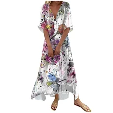 Summer Dresses for Women UK Women's Casual Print V Neck Dress Tie Dye Fashion Casual Long Dress Womens Dresses Wrap White