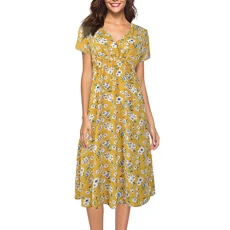 Summer Fashion Womens V Neck Holiday Birthday Family Party Formal Suit Floral Print Dress Ladies Summer Beach Party Dress Shirtdress Pleated Skirt（Yellow ，UK-18/CN-2XL）